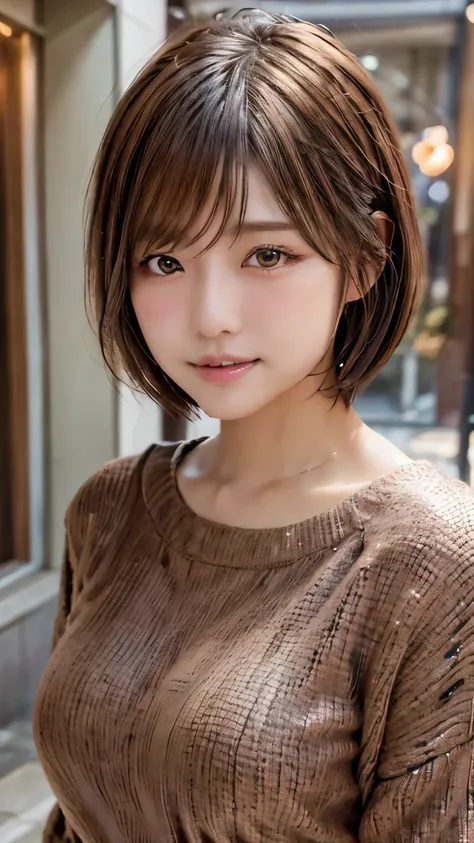 Japanese Girls, Knitted sweater, Sparkling eyes, Brown short hair, Mid-breasted, depth of field, f/1.8, Anatomically correct, Textured skin, Super Detail, Attention to detail, high quality, Super Detail, Attention to detail, high quality, 最high quality, Hi...