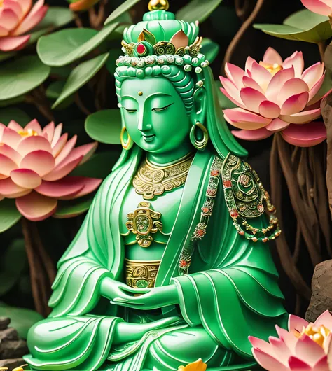 
 quan yin statue made of jade and jewery with multi hands,super detailed, close eyes, detailed hands, detailed face, beatyfull face,shinning crystal clear jade statue, holding a light made of jewery, floating red lotus, chinese haven back ground, haven li...