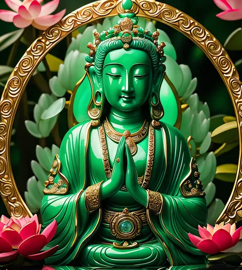 
 quan yin statue made of jade and jewery with many hands,super detailed, close eyes, detailed hands, detailed face, beatyfull face,shinning crystal clear jade statue, holding a light made of jewery, floating red lotus, chinese haven back ground, haven lig...