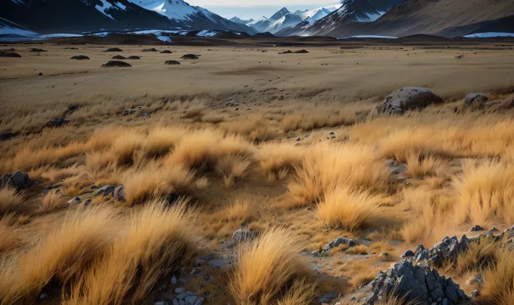 grassland，Rocks and mountains in the background, rock grassland, golden grassland, desolate glacial landscape, Mongolia, grassland, New Zealand landscape, Barren Tundra, grassland, Grass and rocks, desolate arctic landscape, author：Werner Andermatt, Grass ...