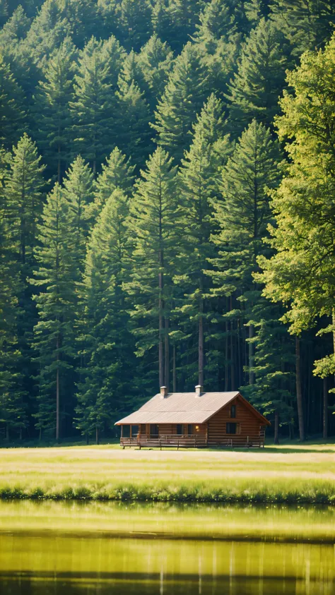 Describe a peaceful cabin in the woods surrounded by tall pine trees. The cabin has a cozy fireplace inside, with a rocking chair by the window overlooking a serene lake. A family of deer can be seen grazing in the meadow nearby as the sun sets in the dist...