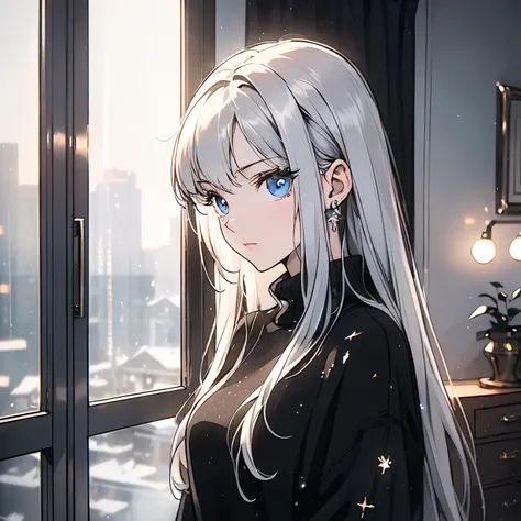 A white hair，20-year-old girl in a black sweater，Standing in the living room of the house，Looking out the window，Expression of indifference（Upper body display：1.5）（cinematic lighting：1.5）)(ultra-high detail:1.5)(best quality:1.5)