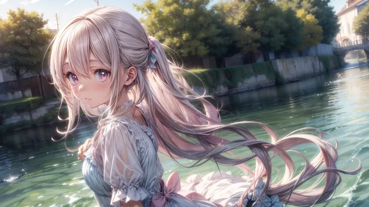 beautiful illustrations, highest quality, pretty girl, pastel colour, fluffy ears, pink long hair,light pink eyes,Playing by the water
