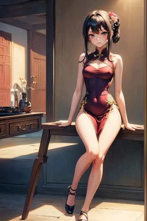 a sexy woman, (best quality), (masterpiece), (1girl), slim, anime, (flat chested), (chinese dress), (sitting and legs up), (protrait), (full body view)
