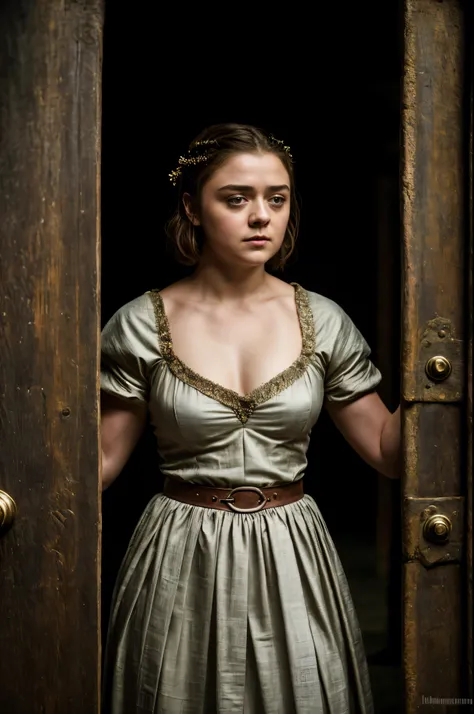 Foto RAW, Arya Stark, Extremely gorgeous lady, Arya Stark PLAYED BY MAISIE WILLIAMS, Queen Arya Stark, she  a mature woman now, milf, sexy mediaeval battle dress, gladiator woman, body, 40 years old Woman, body revealing costumes, perky breast, big natural...