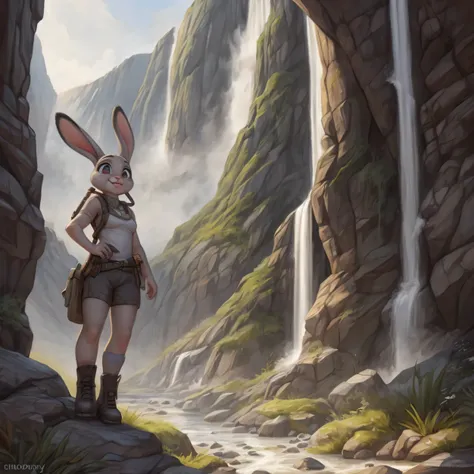 By chelodoy, Judy Hopps , young, Lara croft outfit, slightly fog, big mountain wall with waterfall and strings of wateron the background