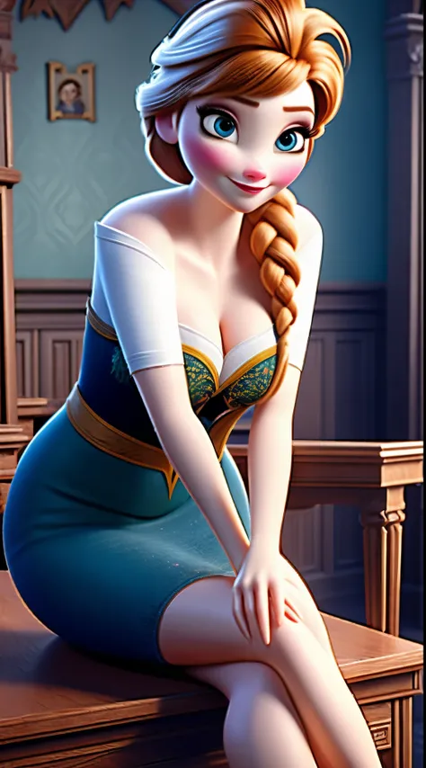 Photo of Anna of Arendelle as a teacher, teacher, teacher clothes, mini dress,  Anna from Disney Frozen movie, tall and sexy, superb face, perfect body, provocative, Nice, show breasts, huge breasts, tall, sexy legs, bursting huge breasts, wide hips, busty...