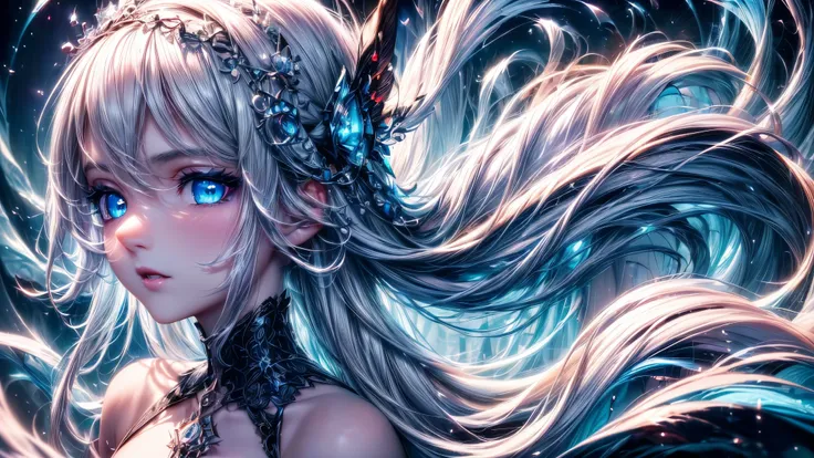 4K quality:1.2,1girl,sense of deps,disorganized,catch light,Super beautiful illustration,((White,long hairstyles:1.3)),dark dark eyeshadow,(((4k,super beautiful,In detail,blue eyes))),bright red lipstick,gothic lolita,;D,beautiful and delicate hair