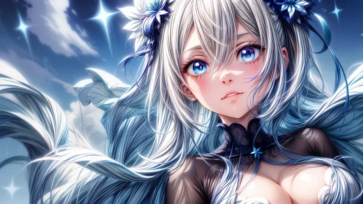 Chica anime con cabello blanco y ojos azules con un vestido azul., detailed arte animado digital, arte de anime detallado, arte de anime detalladowork, estilo anime 4k, retrato, caballeros del zodiaco, , deidad de pelo blanco, arte detallado del personaje ...