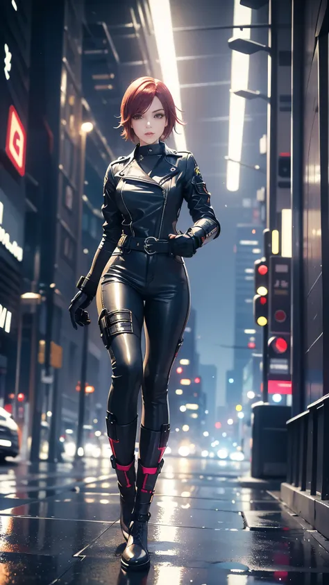 biker Rocker girl, motorcycle, Leather garment, Short hair, yellow glowing eyes, Dark colors, leather waist, ultra detailed face, long eyelashes, skinny, Cyberpunk, Neon lights, Red hair, long boots, tightsuit, Night, the city street, mitts, rain