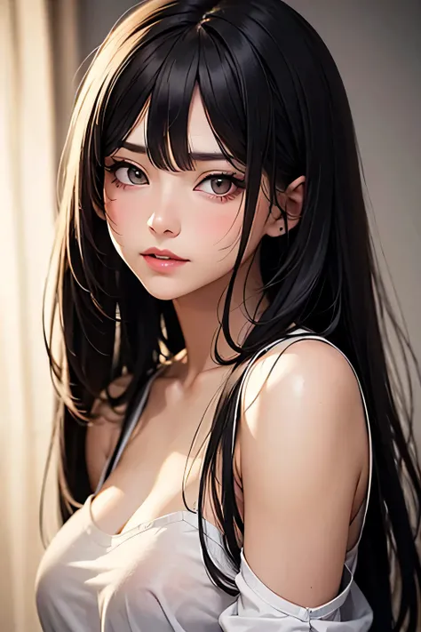 Amazing portrait of a sexy and cute woman with a beautiful face with black brown long straight hair and weak eyes while blushing intensely and her lips are parted being ready to kiss wearing a long oversized white shirt