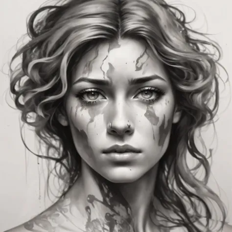 drawing of a woman with a tear-stained face and disheveled hair, amazing artwork, amazing art, extremely detailed woman, art by Alessandro Pautasso, Stunning drawing, magnificent art, amazing art, Painting on a gray face, Black & White Graphics, amazing ar...