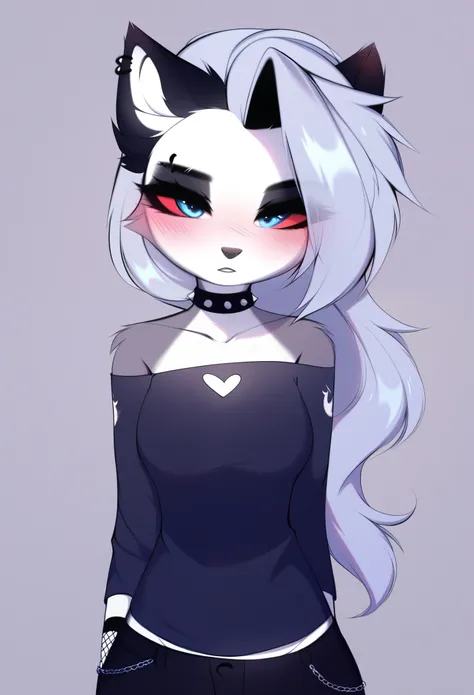 score_9, score_8_up, score_7_up, source_furry, rating_safe, by magnaluna, loona posing seductively in a goth bedroom, anthro, blushing, 