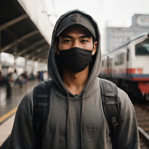 (8K, RAW Photos, Highest Quality, Intricate Details), Candid photo of a 30 year old indonesian man, kinda fat muscle, nature skin, very short hair, wearing a hoodie and cap, in the peron train station, standing, with train background, photography.