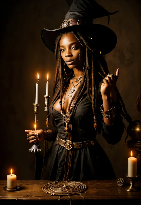 witch with dreadlocks and a caulder with candles, casting a spell on a potion, witch woman, witch paying for her sins, african steampunk alchemist, beautiful female witch, pagan goddess, witchy, sorceress woman, demonic magic ritual, the witch conjure, wea...