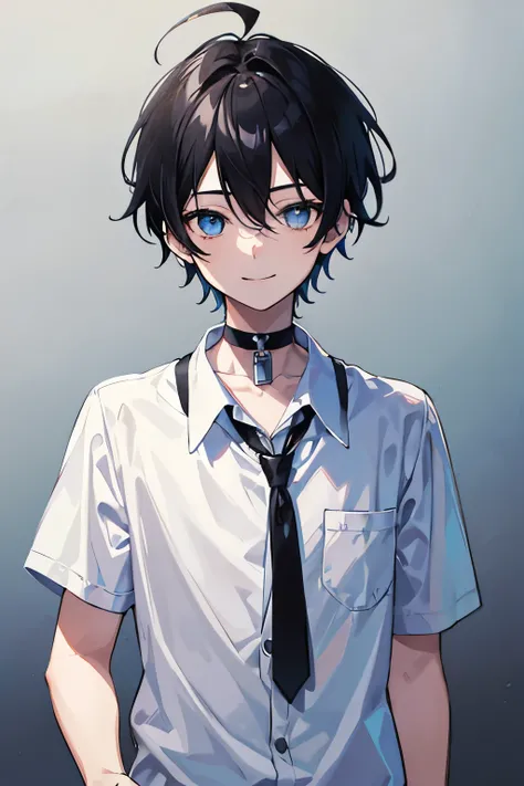 1boy,(black hair)+++,aquamarine eyes,choker,ahoge,white shirts,light smile,tsurime,hair ,staring,Punk hair,cool,from front,white backgorund,portrait,standing,simple background,face,