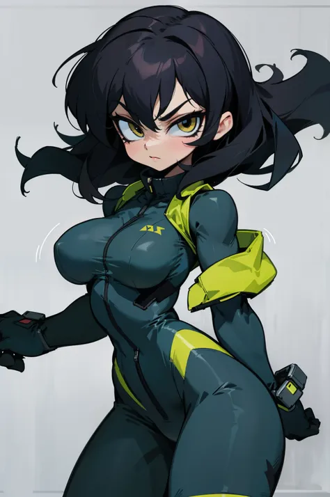 girl large breasts muscular girl thick black hair yellow eyes body suit