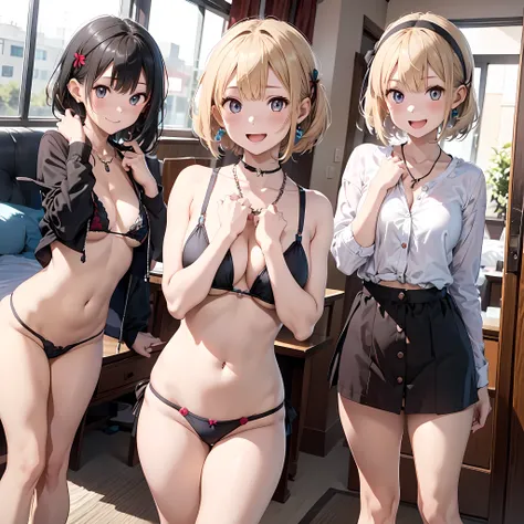 (three girls are sticking out their big butt boldly), (body shot), At the hotel, Laughing with your mouth open, (slender), hair band, Headband, hair bobbles, brown hair, blond hair, navel, jewelry, looking at viewer, necklace, long hair, short hair, Abdomi...