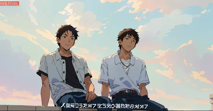 personajes de anime sentados en una repisa con un fondo de cielo, Moebius y Makoto Shinkai, dos hombres guapos anime, estilo de makoto shinkai, yusuke murata y makoto shinkai, Today&#39;s featured anime still., ( ( makoto shinkai ) ), in estilo de makoto s...