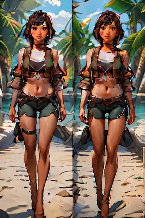 (best quality,4k,8k,highres,masterpiece:1.2),ultra-detailed,(realistic,photorealistic,photo-realistic:1.37),cartoonish,character design,Young woman,Ethereal beauty,Tan skin,Confident expression,Short messy hair with bangs,Sassy and confident. Pirate tropic...