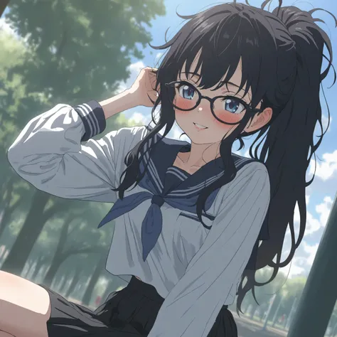 {{Artist: Sincos)} (Masterpiece, best quality:1.2, highres) 1 woman, solo, 21years old, lips, smile, glasses, long hair, black hair, ponytail, messy hair, beautiful eyes, blueeyes, blush, fair skin, beautiful, high schooler, seifuku, black skirt, white shi...