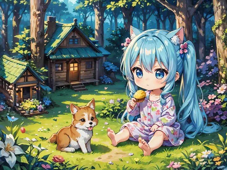 Fairyland、Cute Chibi Character、Lots of cute animals、Chibi character wearing cute floral pajamas、Blue Hair、Long Hair、Twin tails、with my dog、Log house in the forest、Sweets Forest