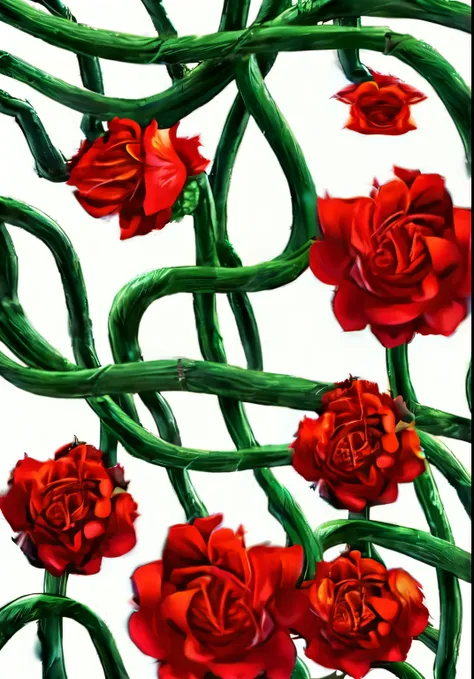 Red roses, (green vines), White background