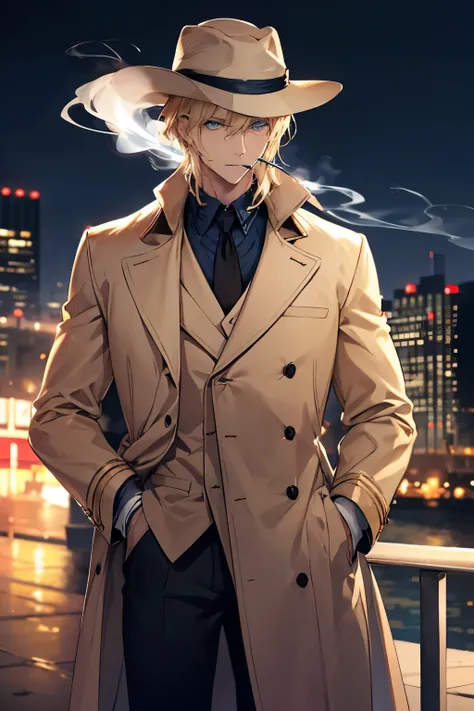 A tall muscular man, blue eyes, blond, dressed in a beige coat, a felt hat on his head, a cigarette in his mouth, against the backdrop of a night city