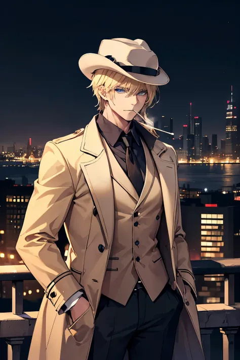 A tall muscular man, blue eyes, blond, dressed in a beige coat, a felt hat on his head, a cigarette in his mouth, against the backdrop of a night city