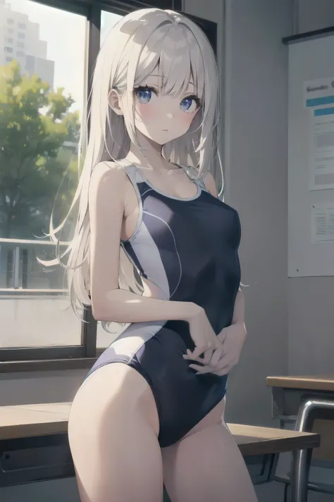 high quality、最high quality、Complete limbs、Ultra-high resolution、Shining Eyes、Full hands and fingers、Slender beauty、Wearing a white school swimsuit、White skin, View your viewers,, No correction, arms on the back, throw, bangs, Focus Only , break , grasp, La...