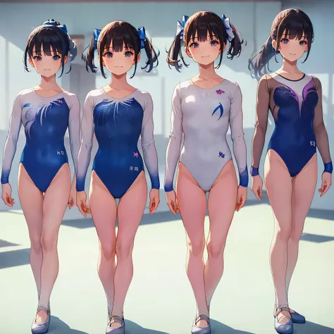 Gymnastics club,(4 girls:1.3),(long sleeves leotard:1.3),full body, pony tail, blue ribbon, long hair, (over 16 years old, under 19 years old:1.2), ballet shoes, white background