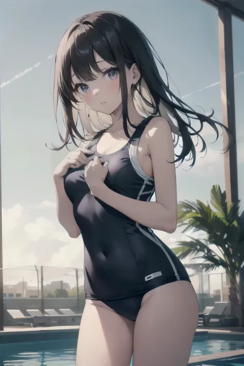 high quality、最high quality、Complete limbs、Ultra-high resolution、Shining Eyes、Full hands and fingers、Slender beauty、Wearing a white school swimsuit、White skin, View your viewers,, No correction, arms on the back, throw, bangs, Focus Only , break , grasp, La...