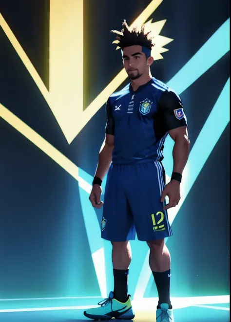 1 menino, Sozinho, foco masculino, roupa de esporte, realista, Shorts, futebol, futebol uniform, cabelo preto, meias, viril, bola, standing, obra-prima quente na altura do joelho melhor qualidade ultra detalhada, arte digital, unity 8k neon lighting wallpa...