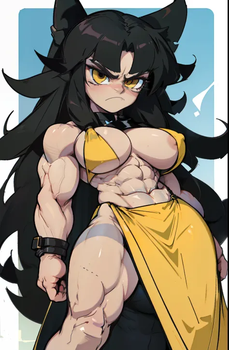 (((((1 girl))))) angry very long hair pale skin black hair yellow eyes ((((muscular)))) huge breasts