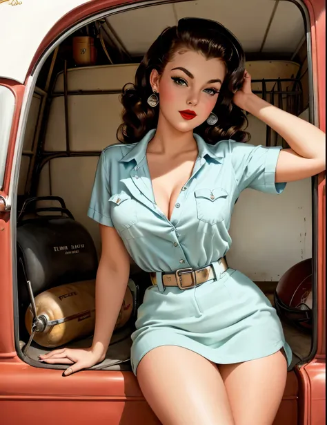 50’s pin-up girl, in a garage, pickup truck, beautiful face, stunning, high details, 4k,