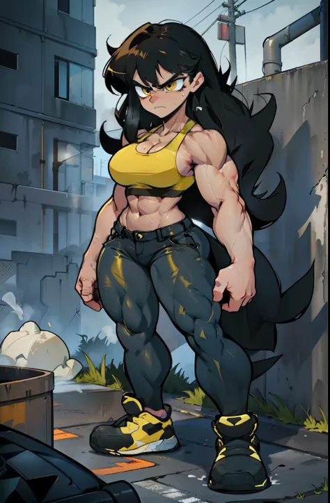 shadow pale skin solo 1 girl black hair yellow eyes angry (very long hair sweaty) dark atmosphere (large breasts bodybuilder toned body muscular) tank top tight pants curvy thick thighs wide hips snow veins foggy steam concrete