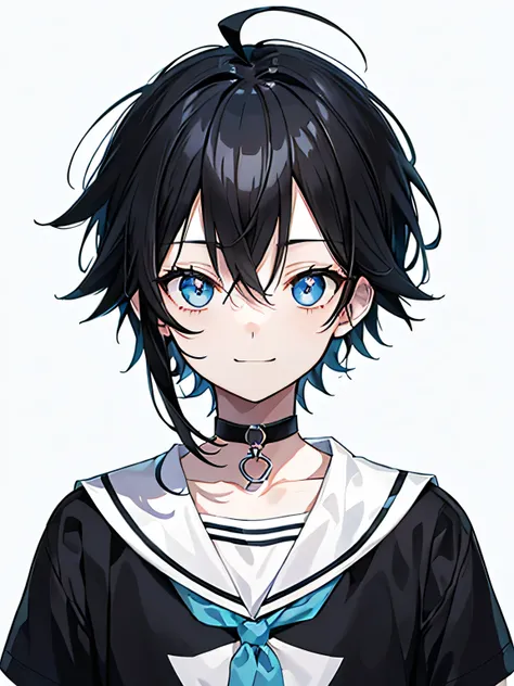 1boy,(black hair)+++,aquamarine eyes,choker,ahoge,light smile,tsurime,staring,Punk hair,cool,from front,white backgorund,portrait,standing,simple background,face,masterpiece,front view,head shot,shoot from front,shoot from front,upper body