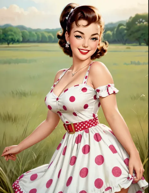 50’s pin-up girl, on a field, smiling, polka dotted dress, beautiful face, stunning, high details, 4k,