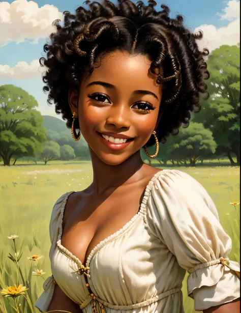 18th century girl, african, on a field, smiling, beautiful face, stunning, high details, 4k,