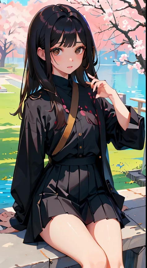 Overlooking，highest quality，Beautiful face in every detail，cute，Dark brown eyes，(背の低いcute女の子，Small young student，Young delicate girl）,（masterpiece，Top quality)，Black Hair，Sleepy expression，Black Shirt，Black Mini Skirt，Cherry Blossoms at Night