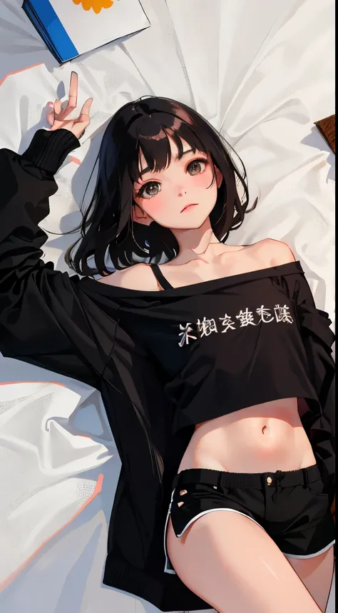 Overlooking，highest quality，Beautiful face in every detail，cute，Dark brown eyes，(背の低いcute女の子，Small young student，Young delicate girl）,（masterpiece，Top quality)，Black Hair，Sleepy expression，Crop Top Look，Black Shirt，White shorts