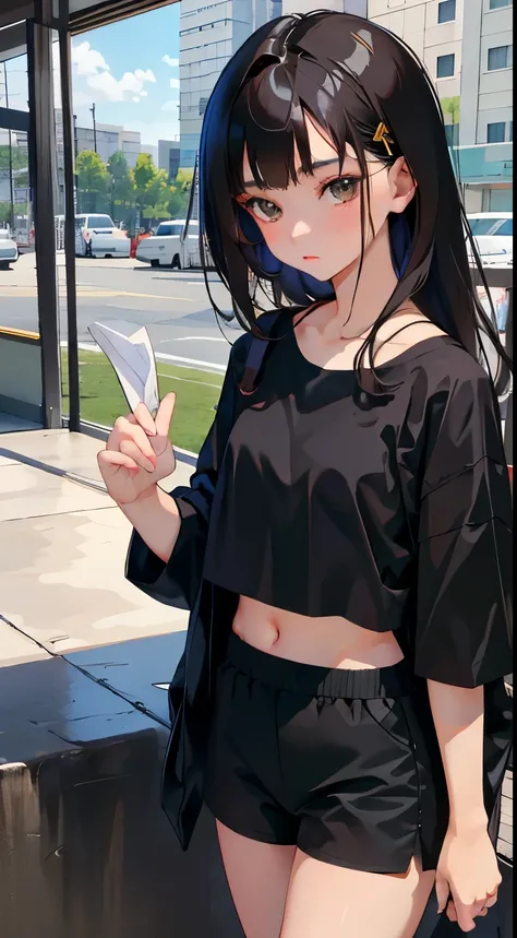 Overlooking，highest quality，Beautiful face in every detail，cute，Dark brown eyes，(背の低いcute女の子，Small young student，Young delicate girl）,（masterpiece，Top quality)，Black Hair，Sleepy expression，Crop Top Look，Black Shirt，White shorts