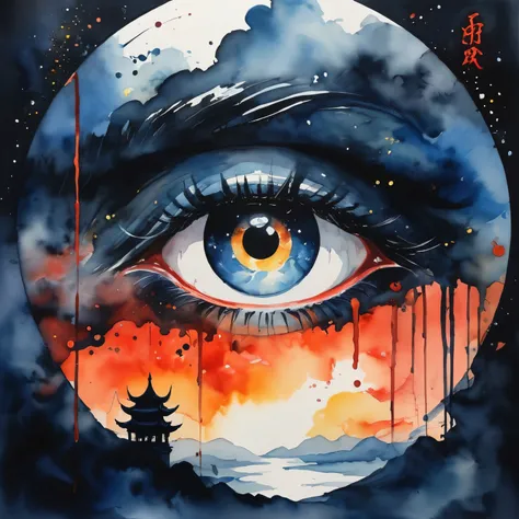 (horror theme:1.5), ( watercolor painting:1.5), (Tasteful:1.5), (watercolor painting:1.5), (Chinese style:1.5), (magic:1.5), (dripping paint;1.5), (dark theme:1.5), (fantasy:1.5), (devils eye:1.5), (inspiration from Road of the rings:1.5), (centered image:...