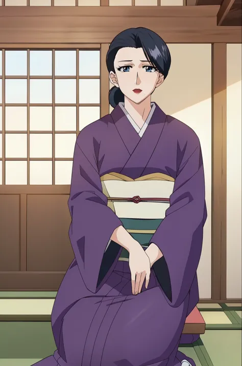 window, sitting at attention,sitting on couch, purple_kimono,sash, shouji, shrine,japanese_clothes, black_hair,hair_bun,lipstick...