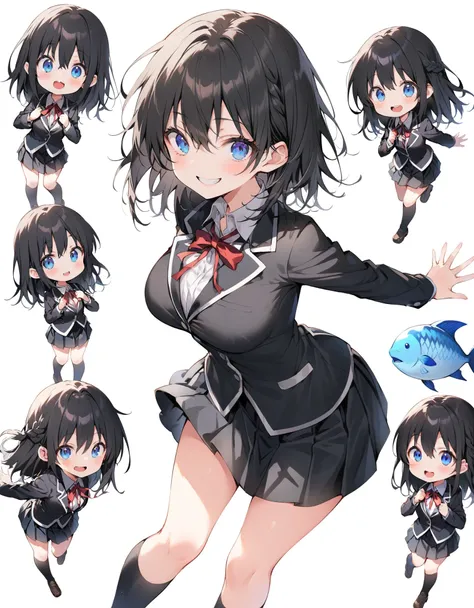 White background、Solid white background、Blank background、just standing girl, One Girl、コミカルなMedaka、Medaka、Ultra-high resolution, highest quality,fish-bone braid hair、Fishbone Hair、black hair、Full body shot,arms behind back、Put your hands behind your back、Hi...