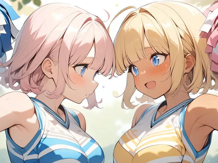 (Super Detail, High quality, hight resolution):1.4,2 girls in,Excitedly,((Tanned skin:1.5),Light blue eyes, (Yellow hair:1.4),Blunt bangs,(Cheerleader Costumes:1.3))  ,BREAK, (Light blue eyes, (Pink hair),Blunt bangs),watercolor paiting (Medium)