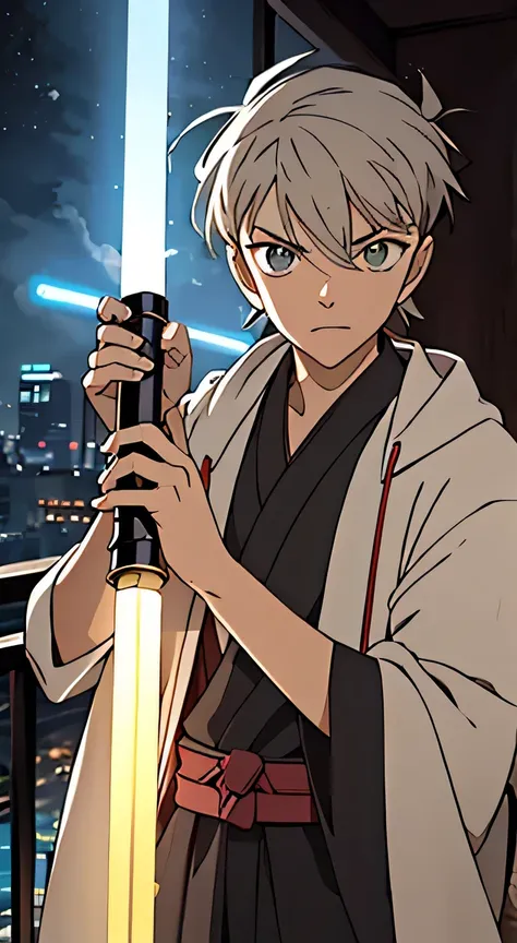 jedi with a lightsaber, gray hair,,epic shots, nice hands, perfect hands,