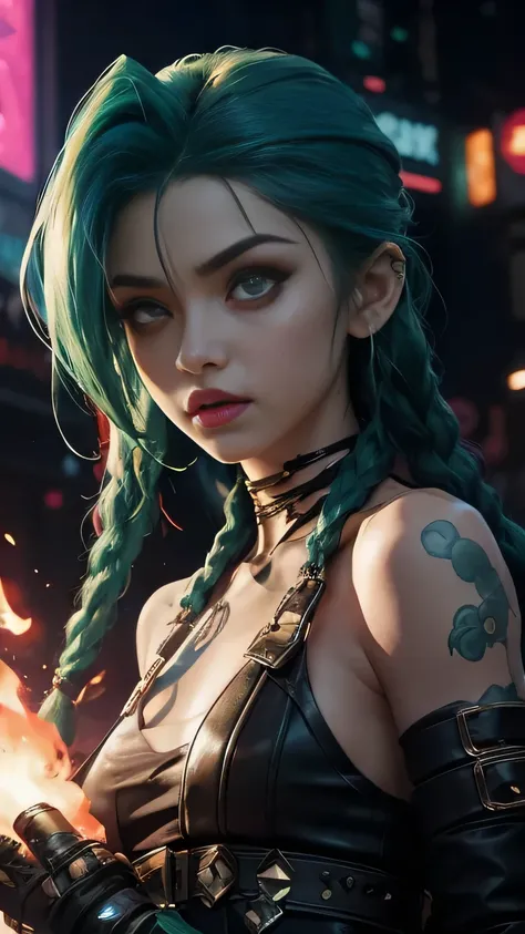 NemesisArcano, uma mulher com green hair e tatuagens, cyberpunk woman anime woman, trousers, Beautiful angry cyberpunk goddess, Cyberpunk art style, digital art anime cyberpunk, cyberpunk anime art, Arcane Nemesis Retrato, cyberpunk anime art, Cyberpunk ar...