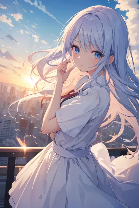 absurderes, hight resolution, (Anime style:1.1), ((masutepiece)), ((Best Quality)), (Ultra-detailed), (Beautiful), solo, Beautiful face、(liftup)、Cute  looking at the view from the top of a skyscraper that is closer to the atmosphere,Wind,Thin White colorfu...