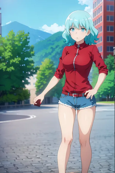 aqua hair, medium hair, blue eyes, ((((red shirt,shorts))))